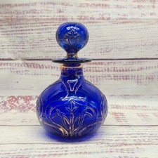 Vintage Cobalt Blue bohemian glass perfume bottle Hand-Painted Gold Floral picture