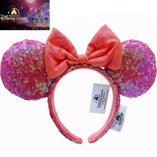 Disney^Park's Orange Red Bow Exclusive Minnie Mouse Ears Sequins Headband US picture