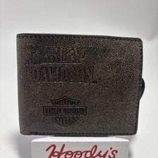 Harley Davidson Men's Embossed Bar & Shield Logo Leather Bi- Fold Wallet Brown picture