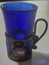 Vtg State Of Utah, Beehive State, Cobalt Shot Glass Metal Holder 2.5