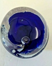 Vintage Round Art Glass Paperweight - Unsigned Cobalt/White Bubbles lovely Piece picture