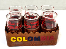 Vintage Colombia Souvenir Shot Glass Leather Grips and Holder Set of 6 picture