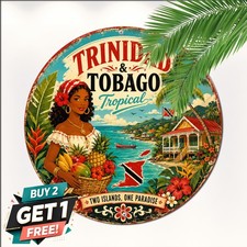 Trinidad And Tobago Tropical Palm Tree Round Metal Sign Caribbean Travel Tin Art picture