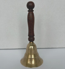 Vtg Brass Hand Bell w/Wooden Handle Made in India Teacher, Dinner, School 6.5