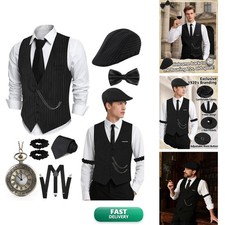 HaBaeBae 1920s Mens Costume Roaring 20s Outfit Set Hat Vest Pocket Watch Tie picture