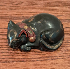 Japanese Kutani Ceramic Black Sleeping Cat Figurine - 4 1/2 Inches picture