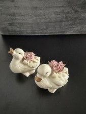 White Gold Rose Back Duck Salt and Pepper Shakers Porcelain 50 picture