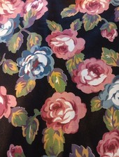 VTG Cabbage Rose Polished Cotton Fabric Springs Blue Pink Roses Cottagecore BTY picture