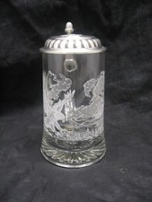 Eagle Glass Stein with Pewter Lid Frosted Glass Design Eagle Flying Mountains picture