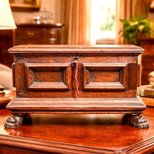 Renaissance Revival Antique Wood Strongbox Chest Lion Paw Feet Key Box Miniature picture