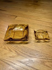Vintage Mid Century Amber Glass Ashtray Pair Of Two Cigar And Cigarette Unused picture