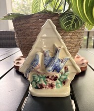 VINTAGE BIRDHOUSE CERAMIC WALL POCKET~USA~BIRDS~FLOWERS~6 1/2 in.~SHAWNEE picture