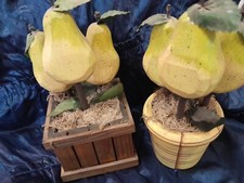 2 Pears Wooden Sculptured In Wooden Planters Hand Carved Decorative Cottage Core picture