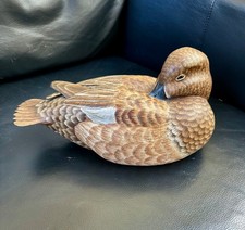 Mike Wood Signed, Hand Carved Mallard Hen Wooden Decoy Duck Beak under Wing Rare picture