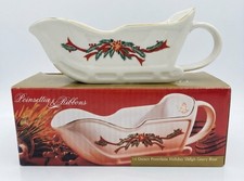 CHRISTMAS Fine China Gravy Boat 16 OZ Poinsettia &Ribbons  Gold Trim EUC W/ BOX picture