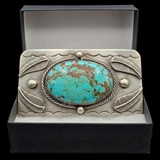 Vtg Navajo Old Pawn Turquoise Belt Buckle Heavy Solid Silver 93g Royston Rare A+ picture