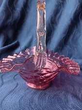 Vintage Fenton Pink Opalescent Ruffled Edge with Clear Handle Basket picture