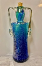 Hand Blown Glass Pitcher Carafe Blue Green Swirled w Bubbles Clear Glass Handles picture