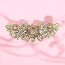 Large Embossed Pewter Enameled Roses Belt Buckle Pink Green Brown Country Flower picture