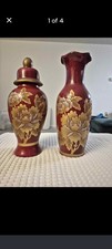 Japanese Red & Gold Floral Decorative Vase and Lidded Jar Set picture