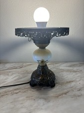 Vintage Hedco GWTW Glass Hurricane Lamp Base Yellow Floral Cast Brass Metal picture