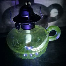 Rare Antique Uranium Glass Finger Lamp P&A Risdon Burner Glows Green UV Vaseline picture