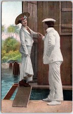 VINTAGE POSTCARD MAN COURTING WOMAN WITH LARGE HAT c. 1910 EUROPE [sml crease] picture