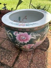 Vintage Chinese Hand Painted Flower Pot 12inch. Koi Pond Hummingbird Floral Pat picture