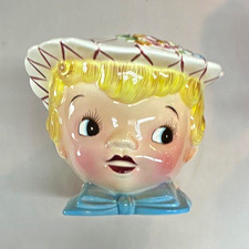 Relpo Ceramic Girl Head Planter Glazed Hand Painted White Hat Blue Bow 1960s picture