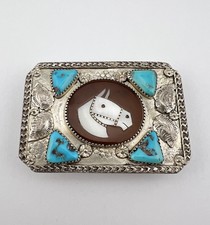 #1 Vtg Mike Simplicio Zuni Sterling Silver Multi Gemstone Horse Belt Buckle 2.5