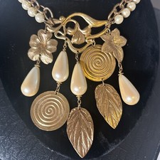 Vtg pearl Gold Tone Double Strand With Chain Dangles Flowers Charm Necklace picture