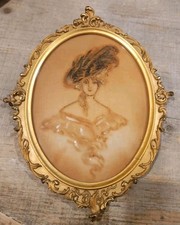 Antique Pair Lady Portraits Ornate Gilt Oval Frames Marshall Field & Co 8x10.5 picture