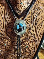 Vintage Stamped Sterling Bolo Tie Turquoise Onyx Bezel Set Navajo 1.9”x1.5” 34g picture