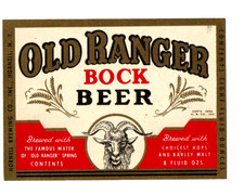 Vintage Old Ranger BOCK 8 oz Beer Label Hornell Brewing Co. 2 1/2 by 3 5/8th