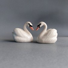2 x Miniature Ceramic White Swan Figurine Bird Collectible Cake Topper Decor picture