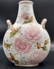 Antique Rudolstadt Pottery with Pink Peonies and Gold Trim Double Handled Vase picture