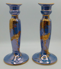 Noritake Blue & Peach Luster Candle Stick Set w Hand Painted Gold Kakiemon Style picture