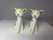 Vintage Japan porcelain cat salt & pepper shakers, yellow green polka dot 3.5 “ picture