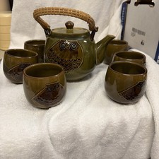 Vtg MCM Wony Ltd Japan Owl Teapot 6 cups Ceramic spare rattan handle picture