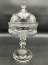 Clear Etched Lidded Glass Compote 13” Vintage.  Beautiful picture