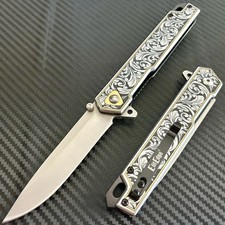 9” Black Flower Engraved EDC Tactical Spring Assisted Open Folding Pocket Knife picture