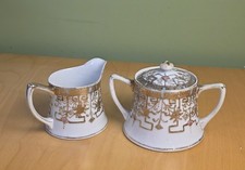 Antique Hand Painted Nippon Creamer & Covered Sugar Bowl Gold Moriage Japan  picture