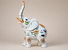 Vintage White Porcelain Elephant Figurine Trunk Up Hand Painted Gold Accents picture