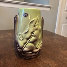 Vtg Royal Copley Stunning Dramatic Leaf Vase Lime Green Purple-Brown 7.5” Tall picture