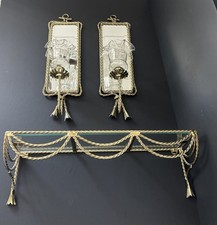 3 pc. Vtg Home Interior Metal Gold Brass Rope Twist Candle Sconces /Shelf Glass picture