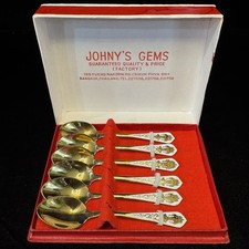 Vintage Johny's Gems 6 Spoon Set Gold Tone with White Enamel Red Box Thailand picture