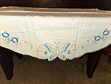 Vintage Hand-Crocheted And Hand-Embroidered Floral Butterfly  Tablecloth picture