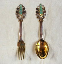 A. Michelsen RARE 1930 Sterling silver with gold plate Christmas spoon and fork picture