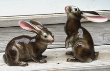Large Pair Vintage Porcelain Rabbit Figurines Japan Brown Rabbits picture