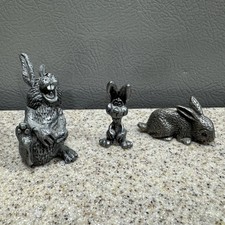 3 Vtg Miniature Pewter Bunny Rabbits Figurines Laughing in EUC picture